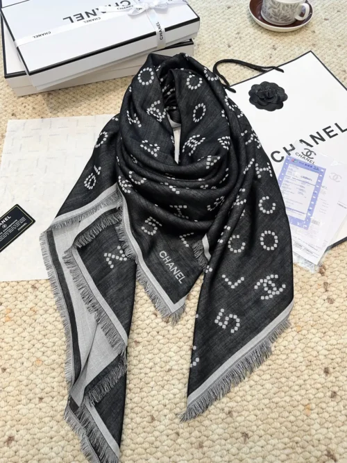 Chanel Large Velvet Square Scarf with Camellia and Pearl-Style Logo Motifs