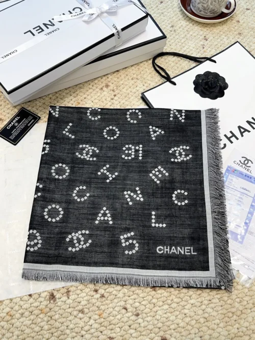 Chanel Large Velvet Square Scarf with Camellia and Pearl-Style Logo Motifs