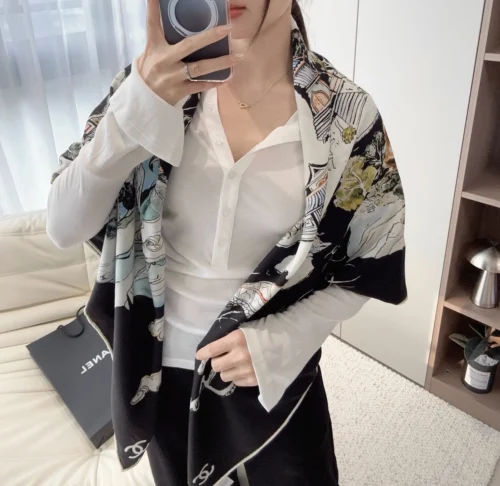 Chanel Large Velvet Square Scarf with Camellia Motifs - Ref. SCCHANEL0185
