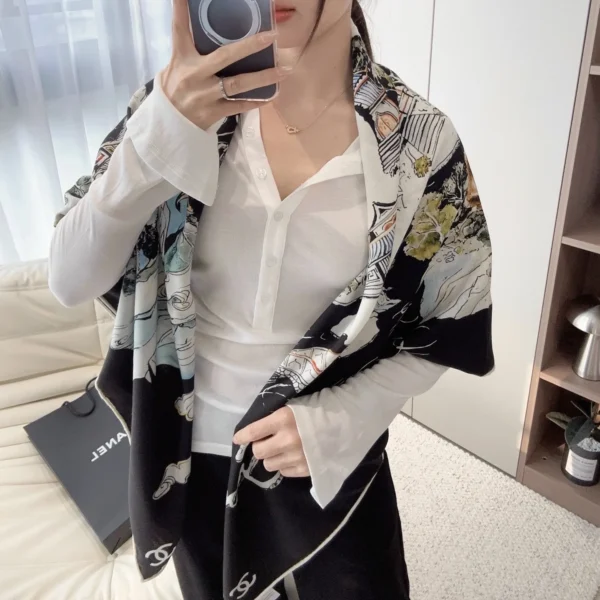 Chanel Large Velvet Square Scarf with Camellia Motifs - Ref. SCCHANEL0185
