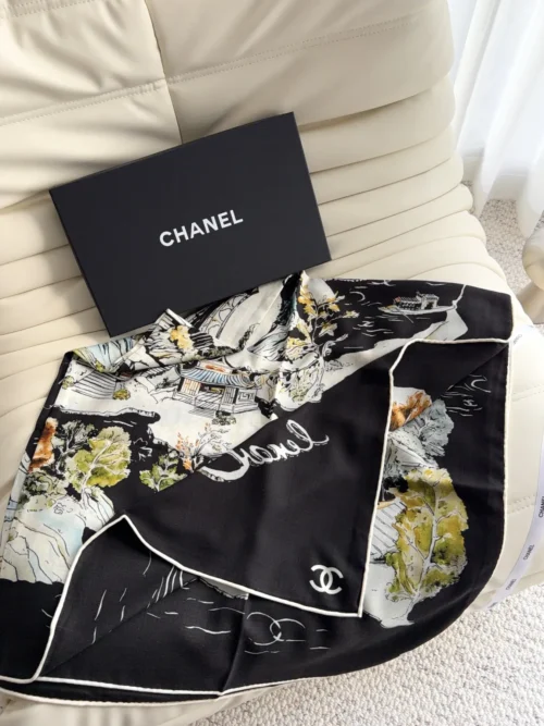 Chanel Large Velvet Square Scarf with Camellia Motifs - Ref. SCCHANEL0185