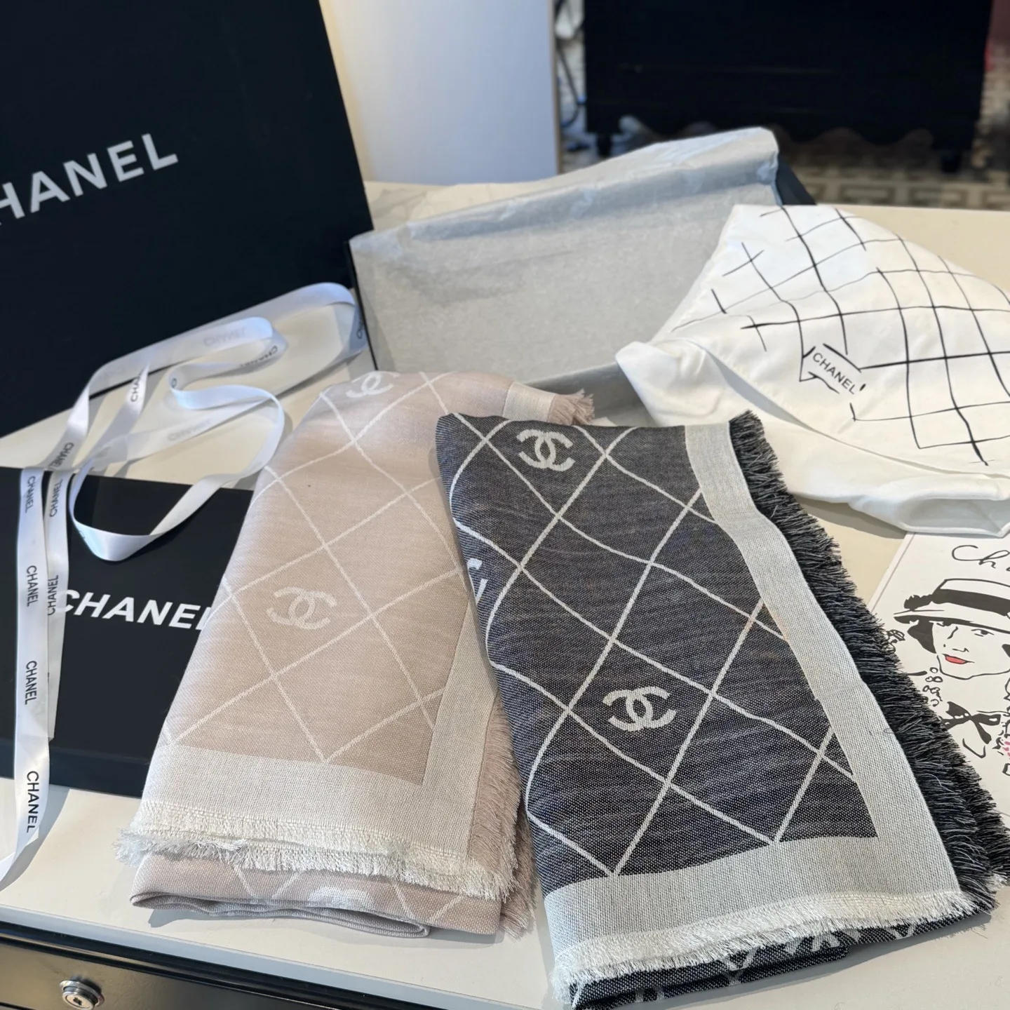 Chanel Large Velvet Square Scarf with Camellia Motifs - Ref. SCCHANEL0227