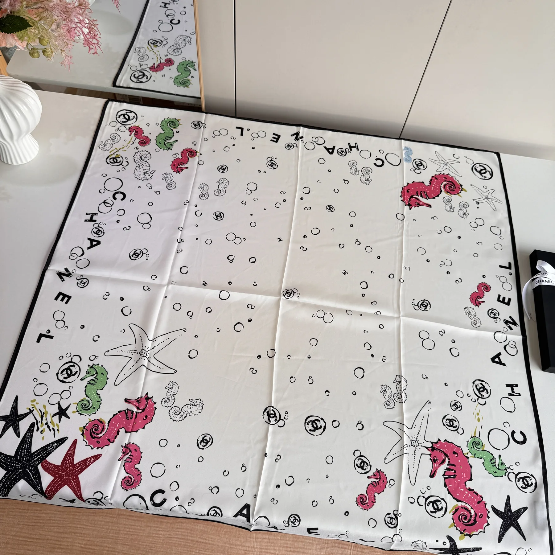 Chanel Coco Beach Square Scarf with Underwater and Ocean-Fantasy Motifs