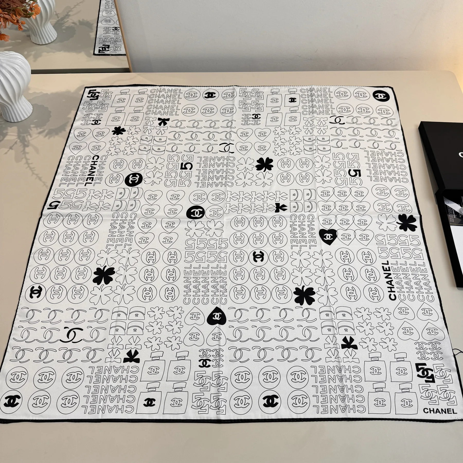 Chanel 25S Black and White Silk Square Scarf with Clover, CC and No. 5 Motifs - 90 x 90 cm