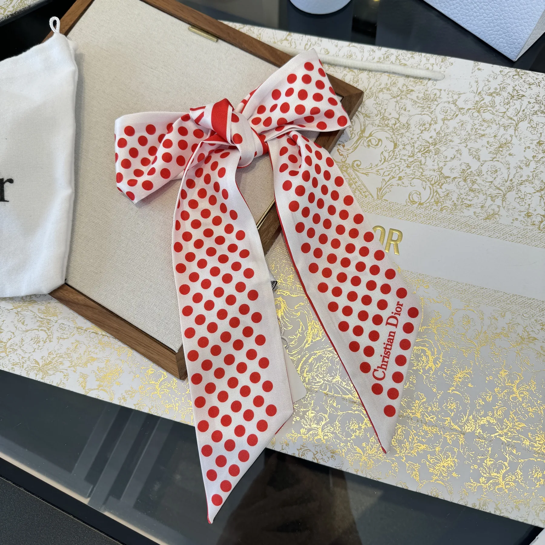 Dior Double-Layer Silk Ribbon Scarf with Polka-Dot Print - 6 x 100 - Ref. SCDIOR0012