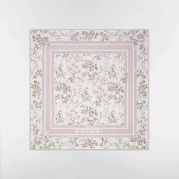 Dior Rosier de Dior Mulberry Silk Twill Square Scarf with Floral and Jacquard Stripe Details - Ref. SCDIOR0015
