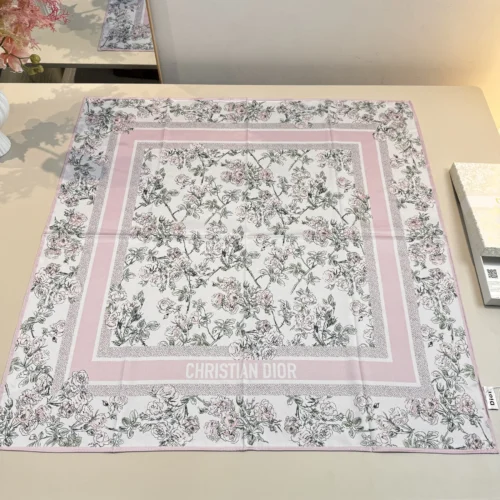 Dior Rosier de Dior Mulberry Silk Twill Square Scarf with Floral and Jacquard Stripe Details - Ref. SCDIOR0015