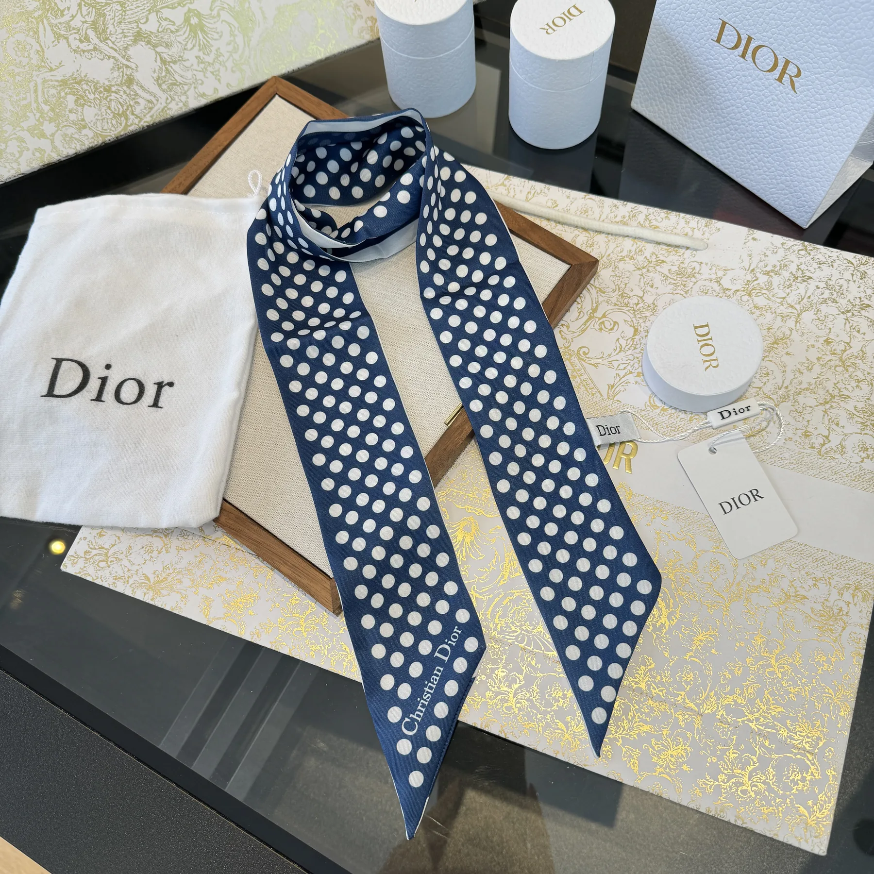 Dior Double-Layer Silk Ribbon Scarf with Polka-Dot Print - 6 x 100 - Ref. SCDIOR0112