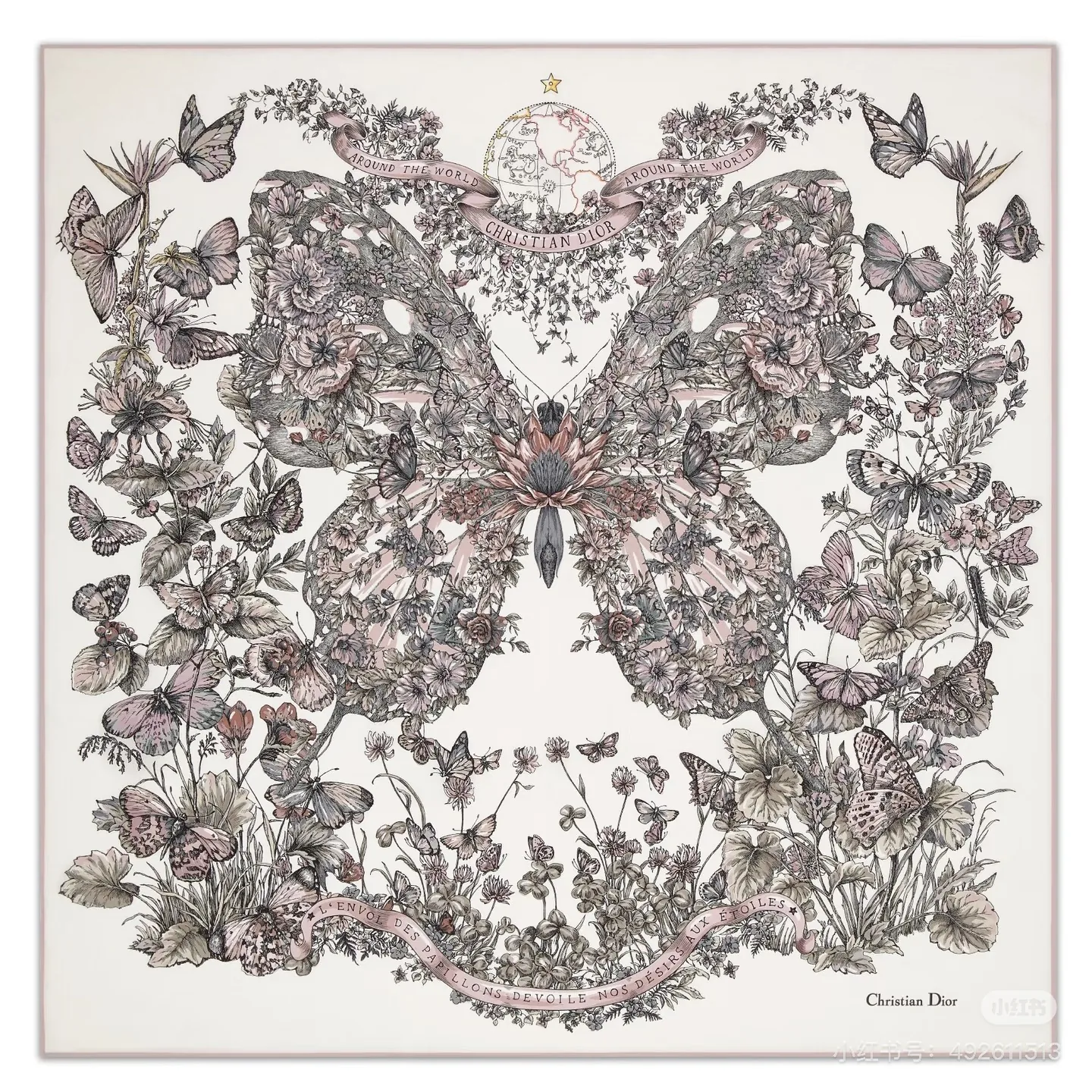 Dior Butterfly Around the World 100% Mulberry Silk Square Scarf - 90 x 90 cm - Ref. SCDIOR0125