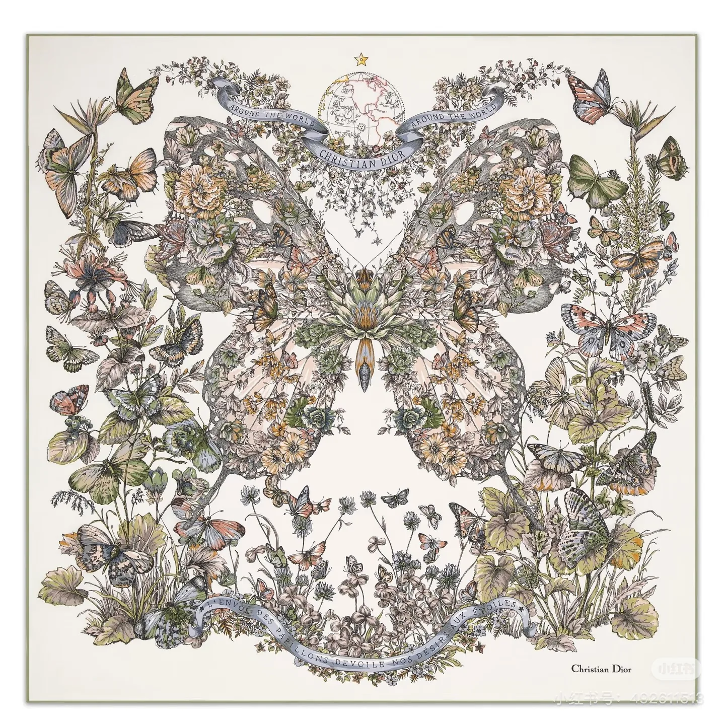 Dior Butterfly Around the World 100% Mulberry Silk Square Scarf - 90 x 90 cm - Ref. SCDIOR0126