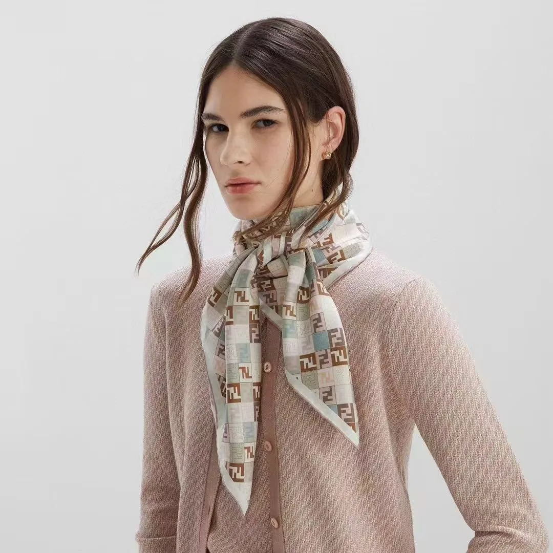 Fendi Mulberry Silk Twill Square Scarf with Geometric Micro-FF Motifs and Striped Border