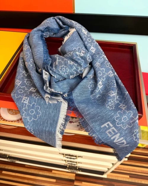 Fendi Large Square Jacquard Shawl with Denim-Style Floral and F Motifs - Ref. SCFENDI0029