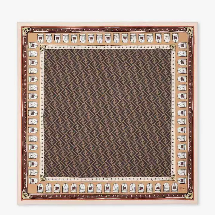Fendi 100% Silk Square Scarf with FF, Baguette and Peekaboo Motifs - 90 x 90 cm - Ref. SCFENDI0050