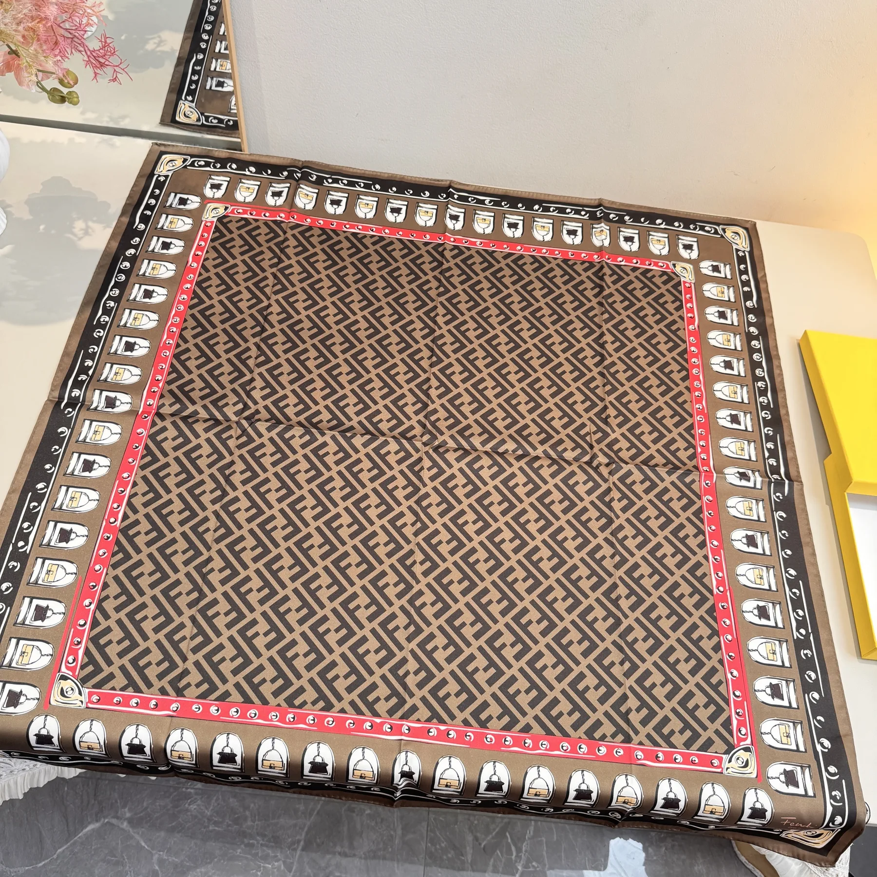 Fendi 100% Silk Square Scarf with FF, Baguette and Peekaboo Motifs - 90 x 90 cm - Ref. SCFENDI0051