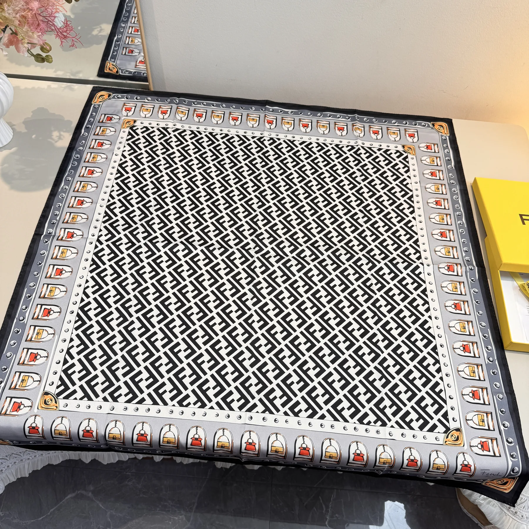 Fendi 100% Silk Square Scarf with FF, Baguette and Peekaboo Motifs - 90 x 90 cm - Ref. SCFENDI0052