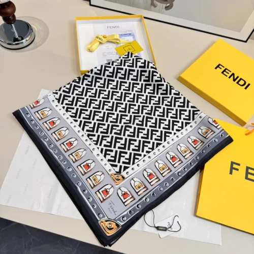 Fendi 100% Silk Square Scarf with FF, Baguette and Peekaboo Motifs - 90 x 90 cm - Ref. SCFENDI0052