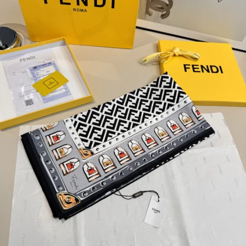 Fendi 100% Silk Square Scarf with FF, Baguette and Peekaboo Motifs - 90 x 90 cm - Ref. SCFENDI0052