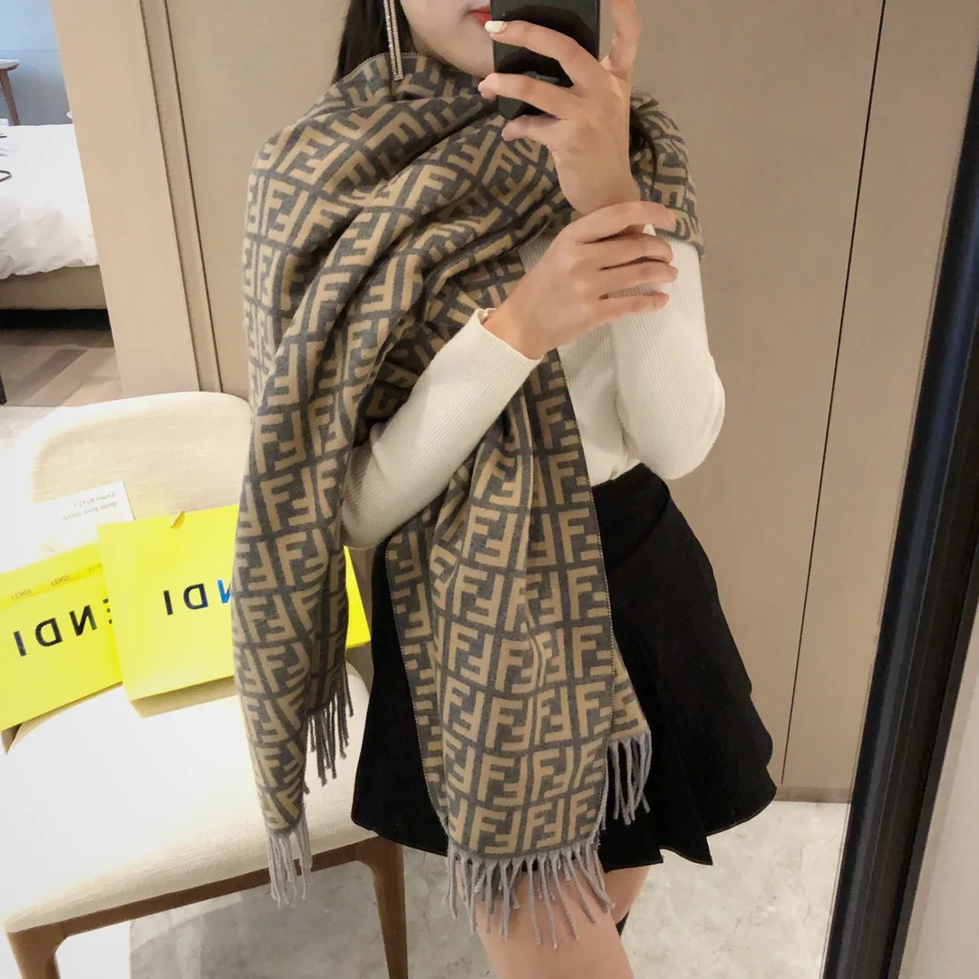 Fendi Core-Spun Yarn Scarf with Small-F Jacquard and Long Fringes - Ref. SCFENDI0053