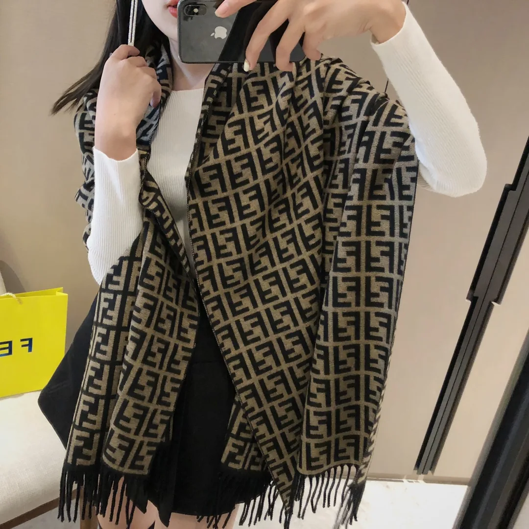 Fendi Core-Spun Yarn Scarf with Small-F Jacquard and Long Fringes - Ref. SCFENDI0057