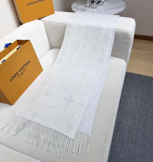 Louis Vuitton Monogram Floral 100% Cashmere Scarf with Fringed Edges - 220 x 40 cm