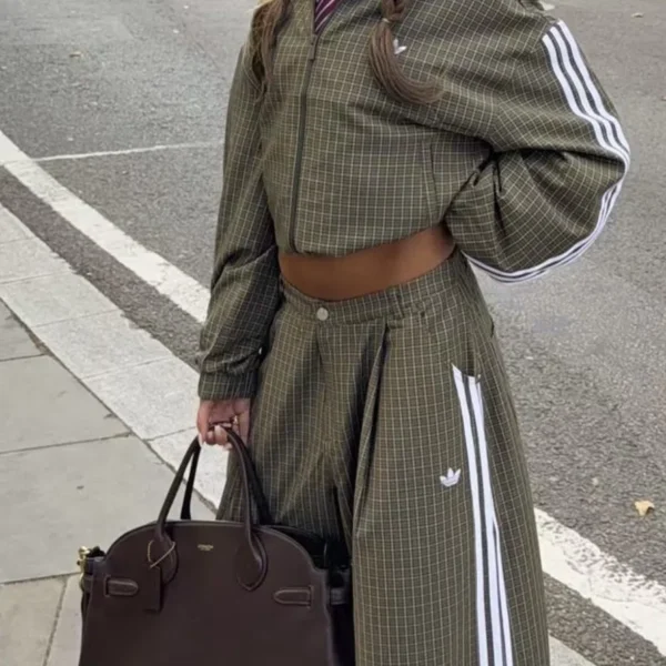 WCADIDAS0005-01 Adidas Women's Long-Sleeve Embroidered Striped Check-Pattern Tracksuit - Ref. WCADIDAS0005