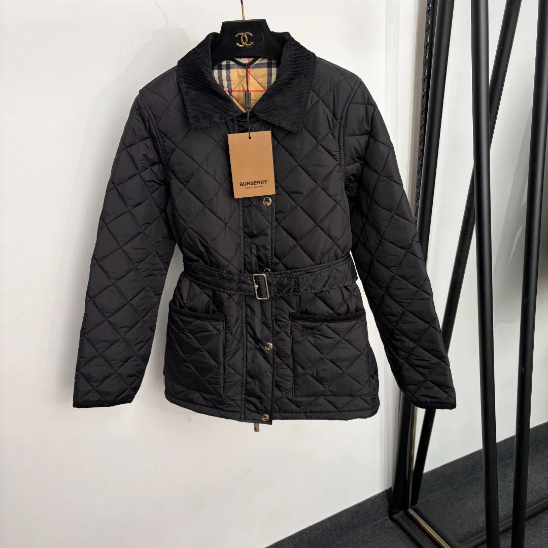 WCBURBERRY0039-01 Burberry Women's Black Long-Sleeve Collared Embroidered Check-Pattern Printed Belted Corduroy Padded Jacket with a Matching Belt - Ref. WCBURBERRY0039