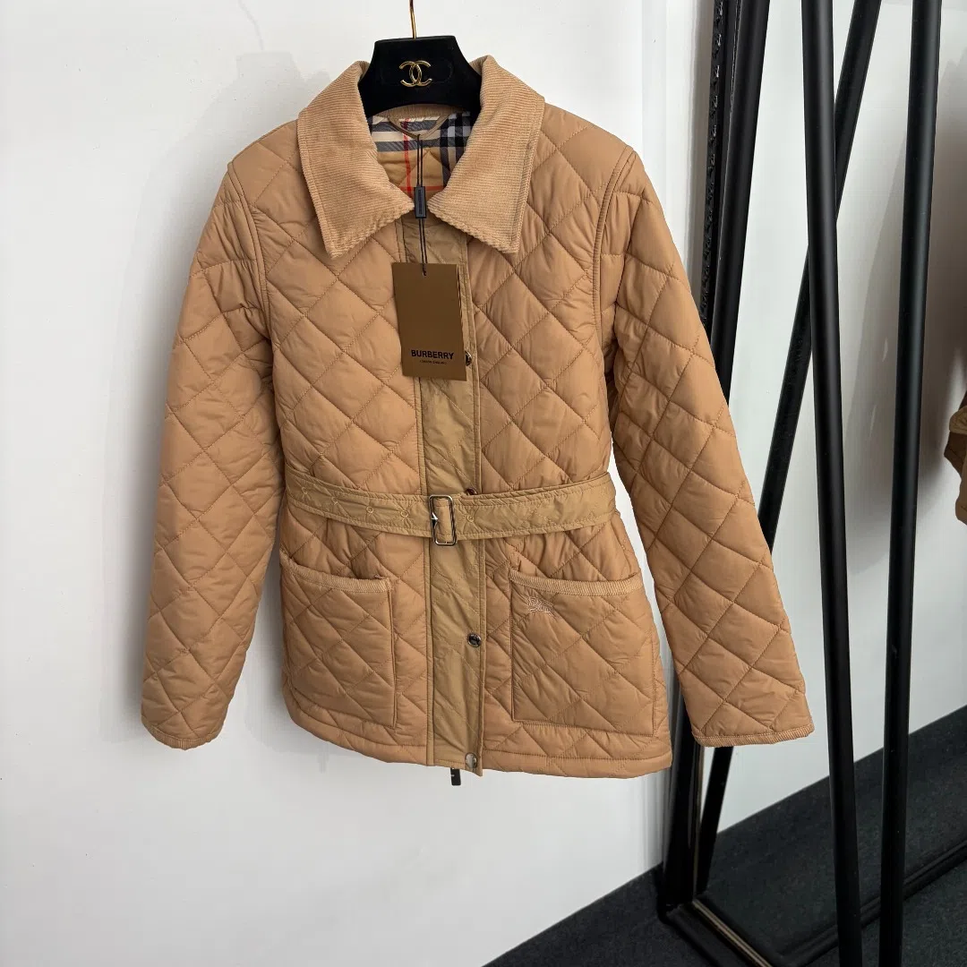 WCBURBERRY0040-01 Burberry Women's Black Long-Sleeve Collared Embroidered Check-Pattern Printed Belted Corduroy Padded Jacket with a Matching Belt - Ref. WCBURBERRY0040