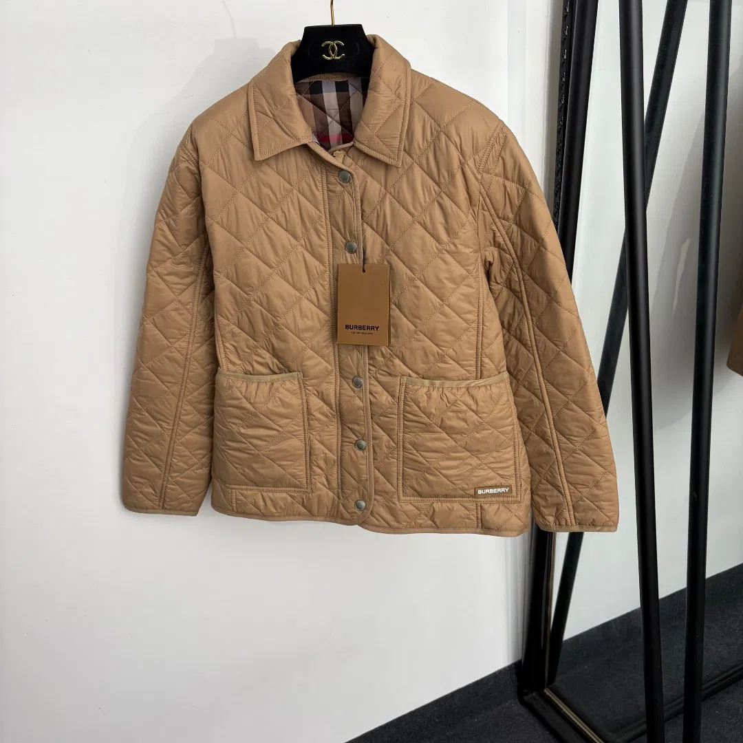 WCBURBERRY0061-01 Burberry Women's Black Long-Sleeve Collared Embroidered Check-Pattern Padded Jacket - Ref. WCBURBERRY0061