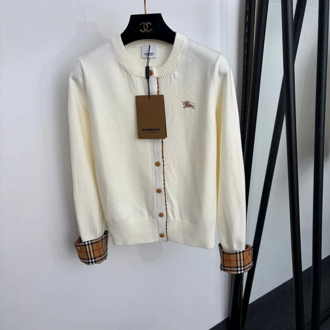 Burberry Women's Long-Sleeve Crewneck Embroidered Check-Pattern Cardigan - Ref. WCBURBERRY0078