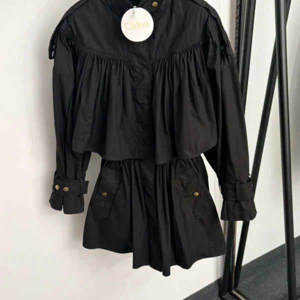 WCCHLOE0003-01 Chloé Women's Black Long-Sleeve Pleated Pleated Dress - Ref. WCCHLOE0003