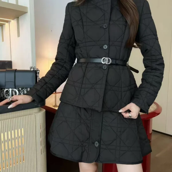 WCDIOR0014-01 Dior Women's Black Slim-Fit Long-Sleeve Embroidered Check-Pattern Belted Padded Jacket with a Matching Belt - Ref. WCDIOR0014