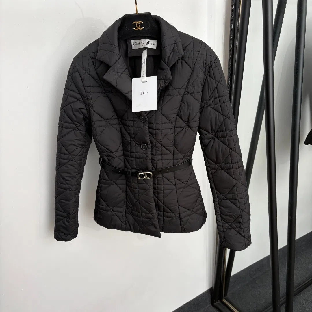 Dior Women's Black Slim-Fit Long-Sleeve Embroidered Check-Pattern Belted Padded Jacket with a Matching Belt - Ref. WCDIOR0016