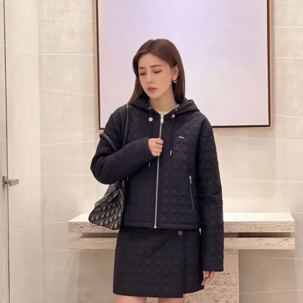 WCDIOR0017-01 Dior Women's Black Long-Sleeve Embroidered Check-Pattern Hooded Coordinated Outfit Set - Ref. WCDIOR0017
