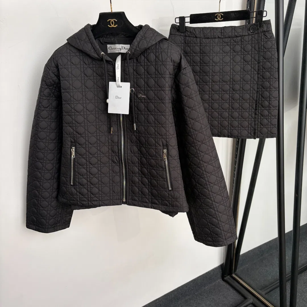 WCDIOR0018-01 Dior Women's Black Long-Sleeve Embroidered Check-Pattern Hooded Coordinated Outfit Set - Ref. WCDIOR0018