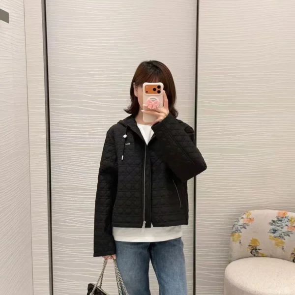 WCDIOR0019-01 Dior Women's Black Long-Sleeve Embroidered Check-Pattern Hooded Padded Jacket - Ref. WCDIOR0019