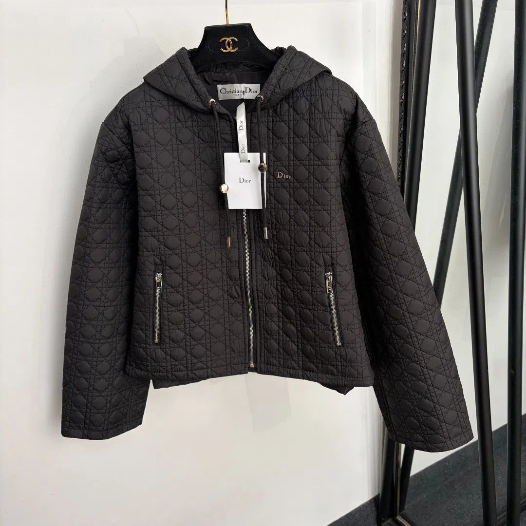 WCDIOR0020-01 Dior Women's Black Long-Sleeve Embroidered Check-Pattern Hooded Padded Jacket - Ref. WCDIOR0020