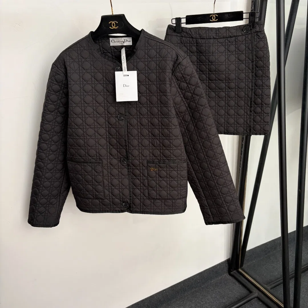 WCDIOR0022-01 Dior Women's Black Long-Sleeve Embroidered Check-Pattern Coordinated Outfit Set - Ref. WCDIOR0022
