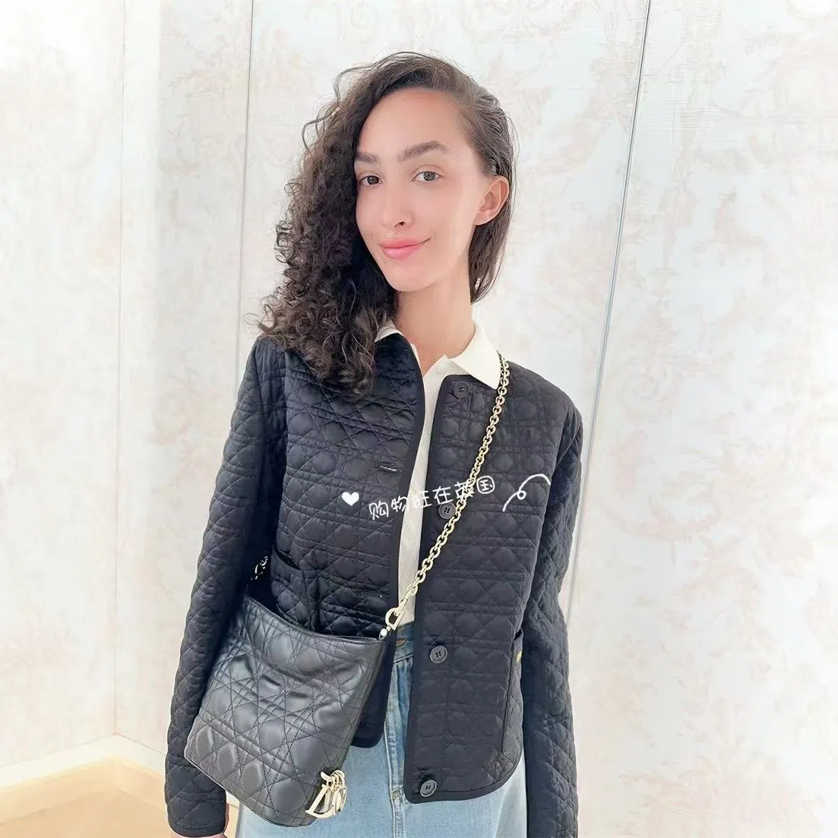 WCDIOR0023-01 Dior Women's Black Long-Sleeve Crewneck Embroidered Check-Pattern Padded Jacket - Ref. WCDIOR0023