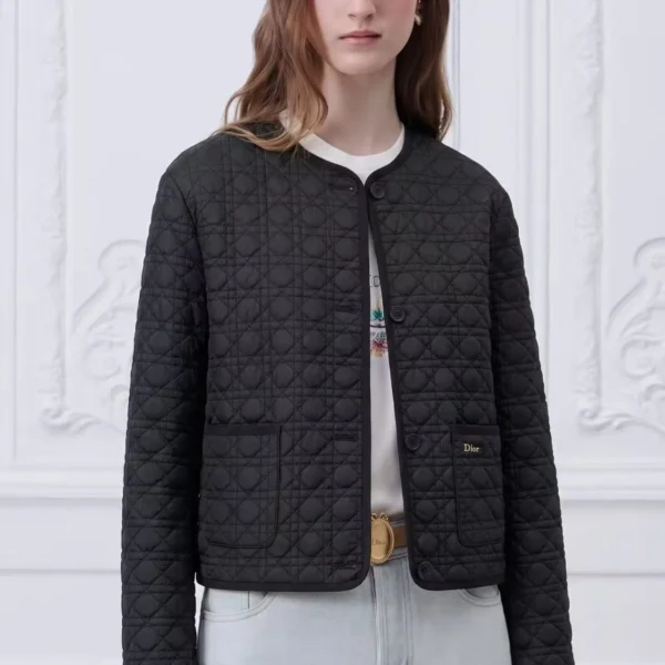 WCDIOR0024-01 Dior Women's Black Long-Sleeve Crewneck Embroidered Check-Pattern Padded Jacket - Ref. WCDIOR0024