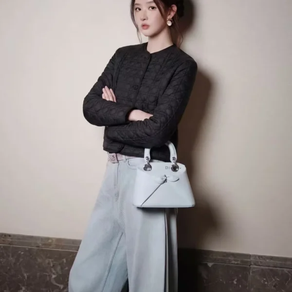 WCDIOR0025-01 Dior Women's Black Long-Sleeve Crewneck Embroidered Check-Pattern Padded Jacket - Ref. WCDIOR0025