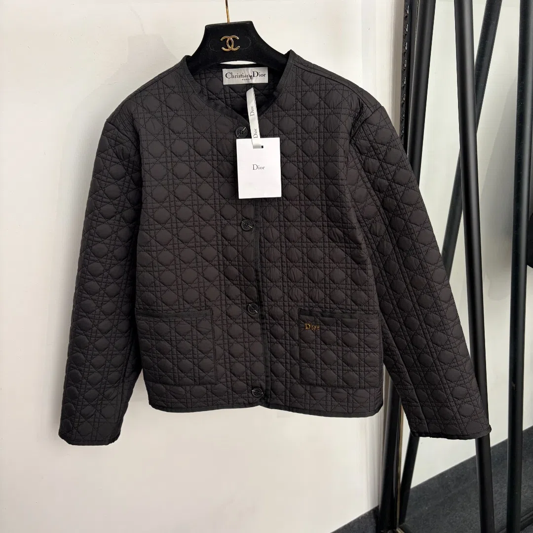 WCDIOR0026-01 Dior Women's Black Long-Sleeve Crewneck Embroidered Check-Pattern Padded Jacket - Ref. WCDIOR0026