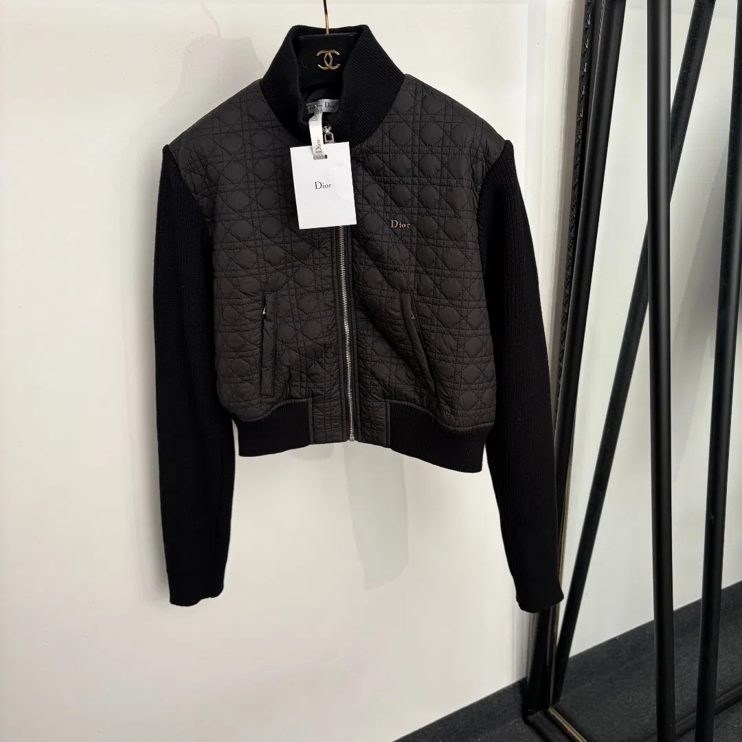WCDIOR0080-01 Dior Women's Black Cropped Long-Sleeve Logo-Embroidered Check-Pattern Padded Jacket - Ref. WCDIOR0080