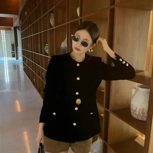 WCDIOR0081-01 Dior Women's Black Slim-Fit Long-Sleeve Belted Velvet Blazer with Button Fastening and a Matching Belt - Ref. WCDIOR0081