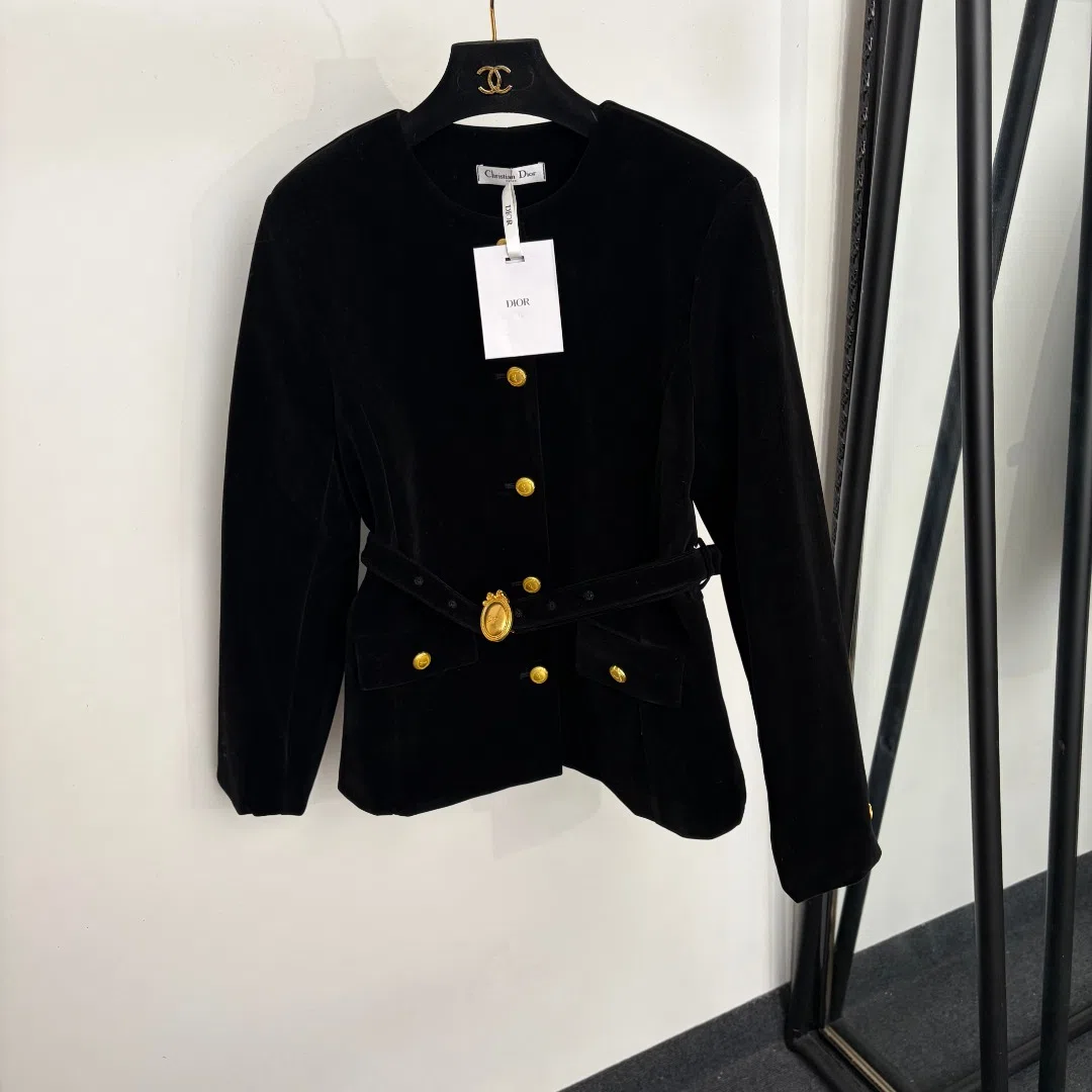 WCDIOR0082-01 Dior Women's Black Slim-Fit Long-Sleeve Belted Velvet Blazer with Button Fastening and a Matching Belt - Ref. WCDIOR0082
