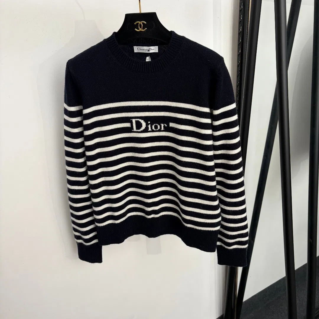 WCDIOR0107-01 Dior Women's Black Long-Sleeve Striped Color-Block Wool Sweater
