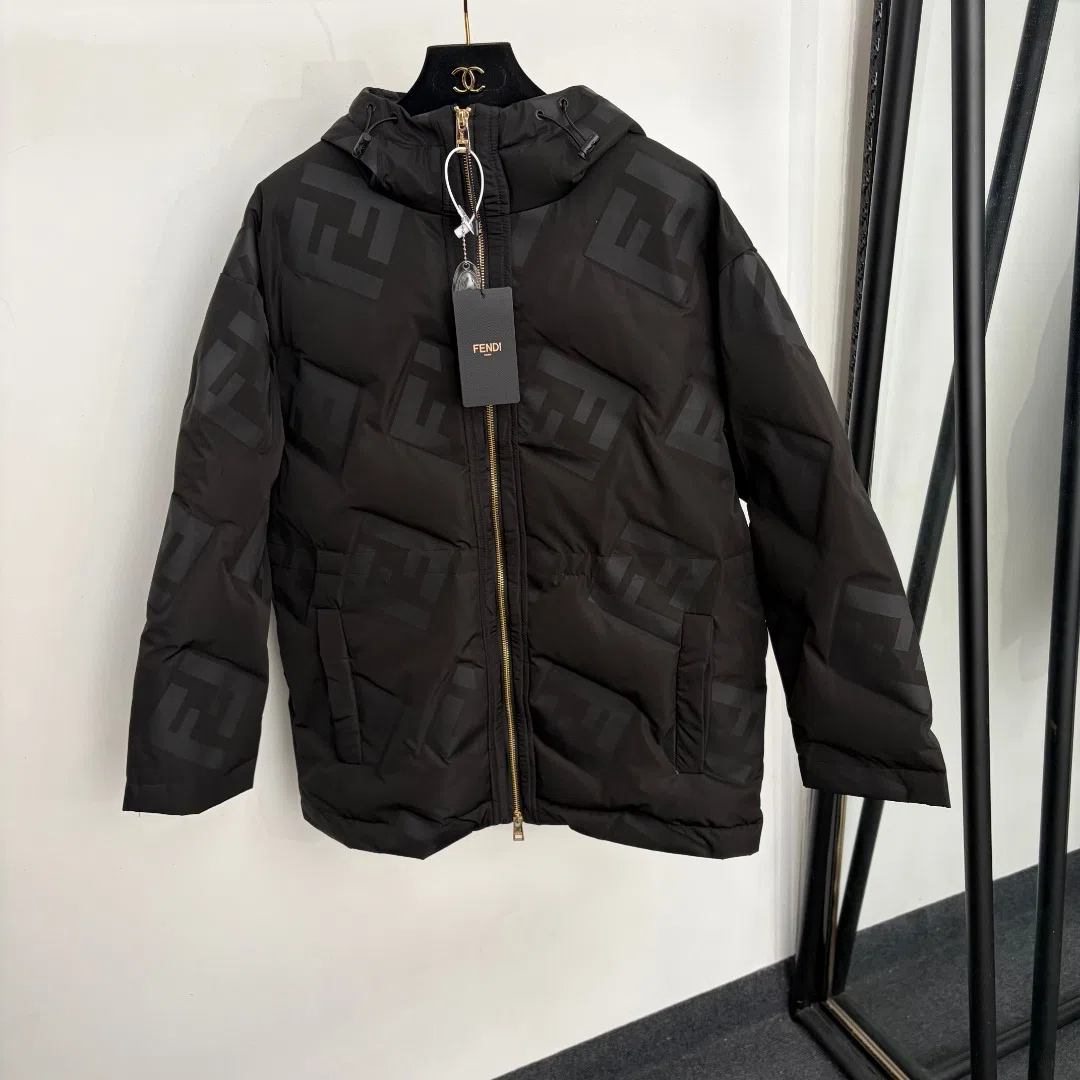 WCFENDI0013-01 Fendi Women's Long-Sleeve Check-Pattern Hooded Down Jacket with Drawstring Detail - Ref. WCFENDI0013