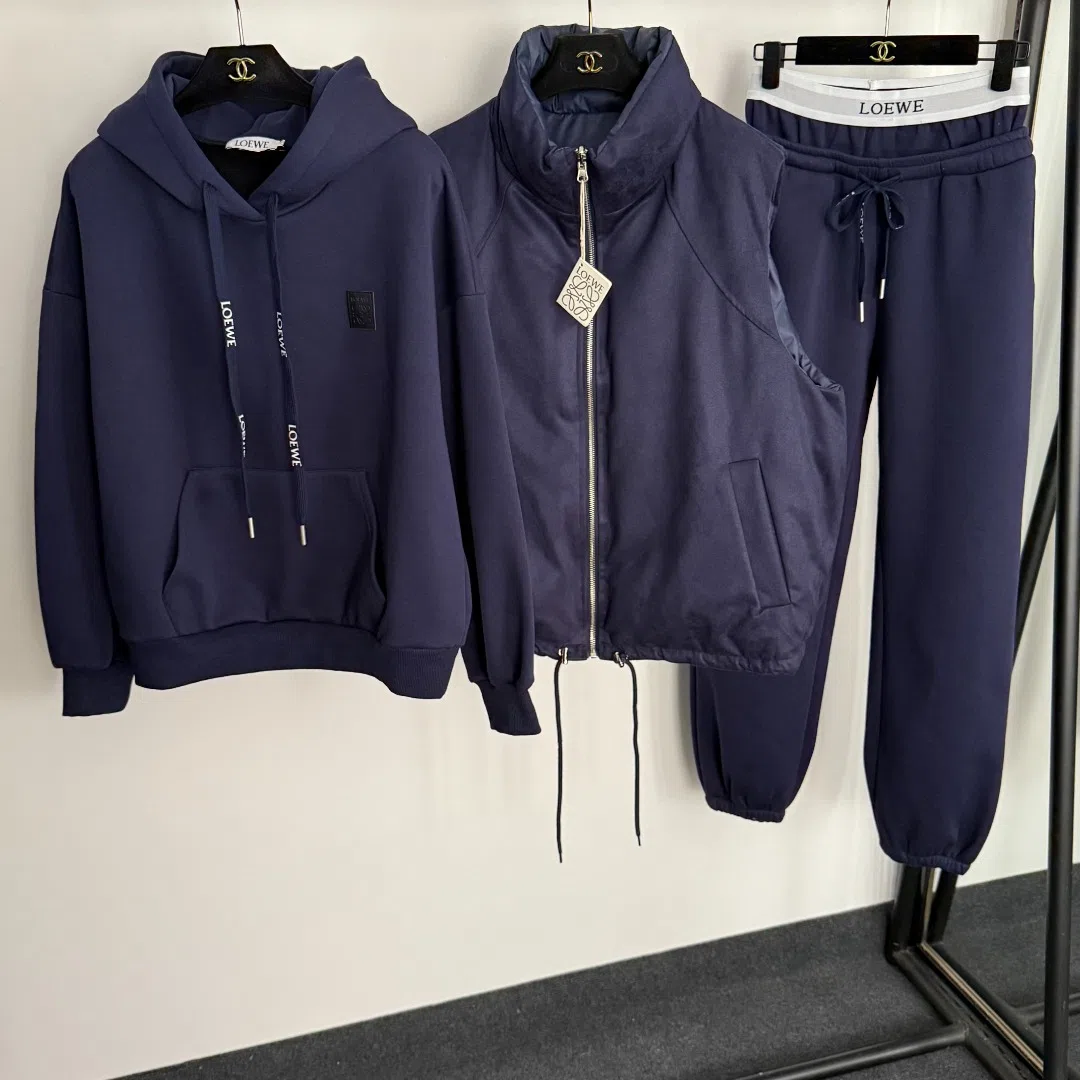 Loewe Women's Long-Sleeve Hooded Fleece-Lined Reversible Three-Piece Top, Vest and Trousers Set - Ref. WCLOEWE0018