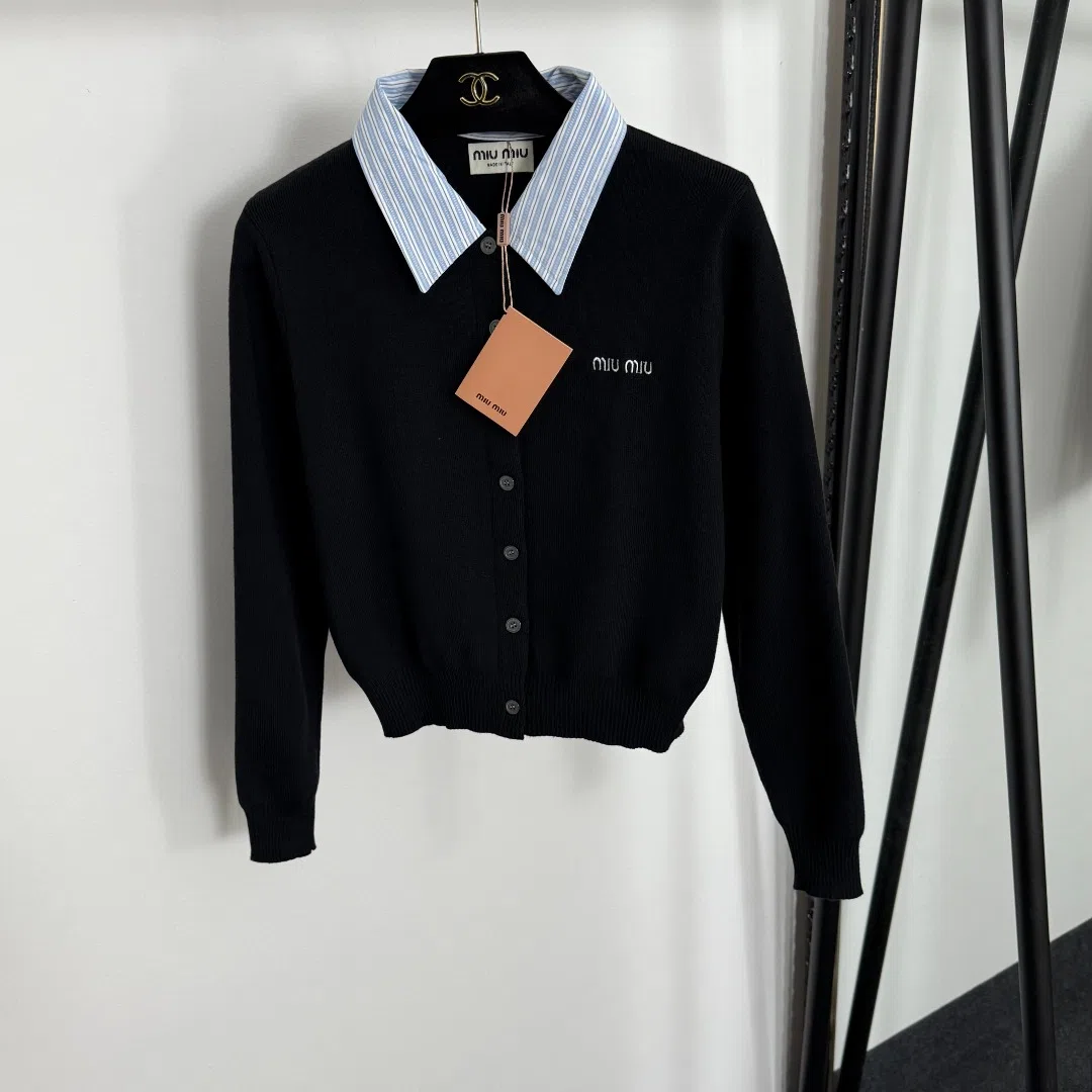Miu Miu Women's Long-Sleeve Collared Logo-Embroidered Striped Cardigan - Ref. WCMIUMIU0007